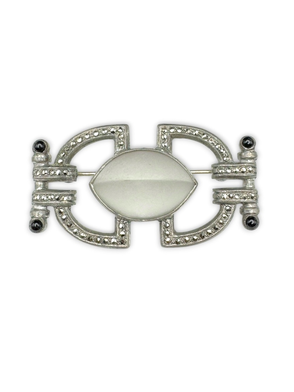 Vintage Art Deco Marcasite & Frosted Glass Cabochon Brooch